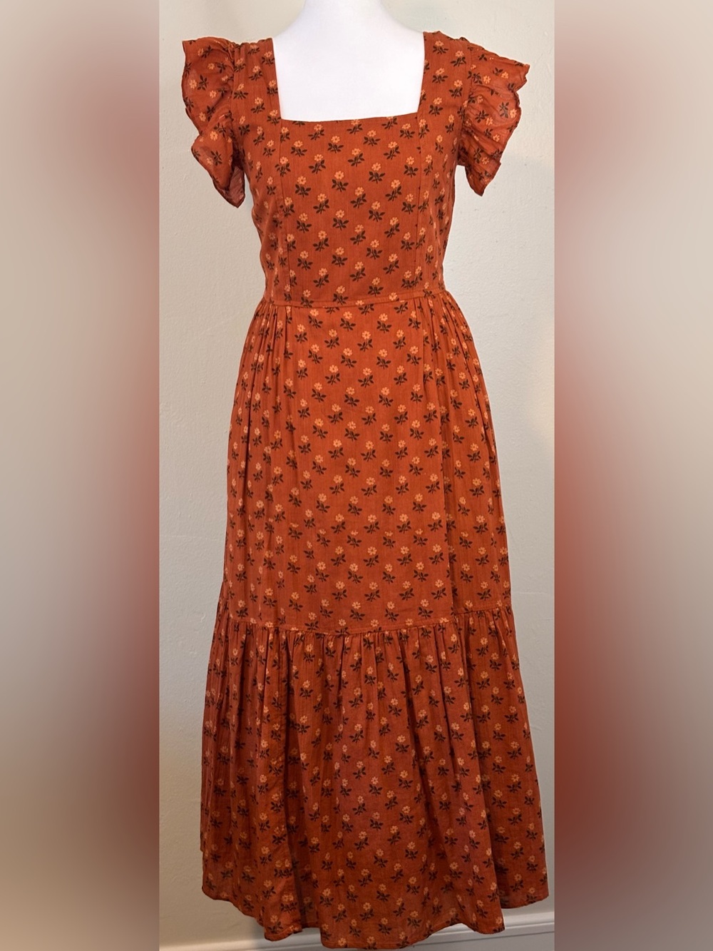 NWT Madewell Ruffle-Strap Tiered Midi Dress in Wild Calendula Block-Print Sz. XS - Picture 4 of 16